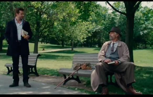 movie still of rory and old man at the park